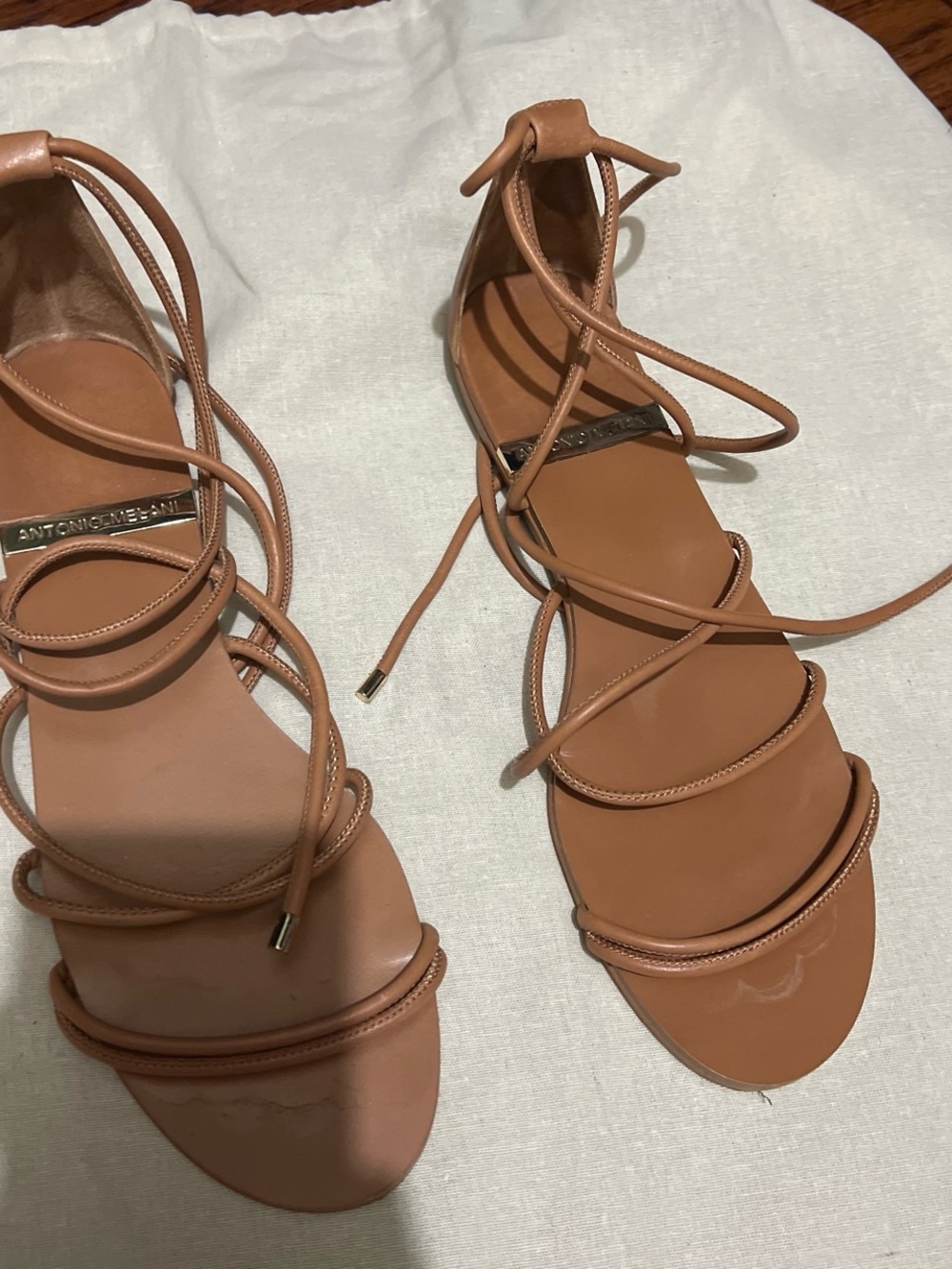 ANTONIO MELANI Tan Lace-Up Strappy Flat Sandals